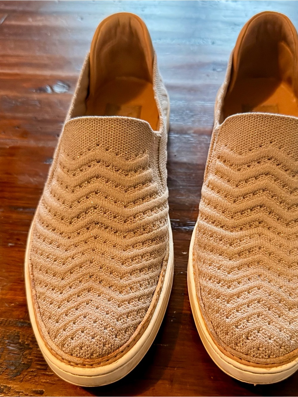 Slip-On Knit Sneakers for Women - Beige with subtle sparkle.